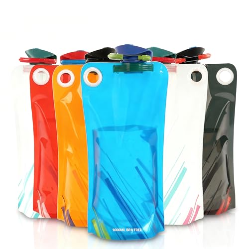 YCVSKY 1000ML 6 Stück Faltbare Trinkflasche Flexible Zusammenklappbare Wiederverwendbare Trinkflasche Faltbare Flasche für Wandern Abenteuer Reisen