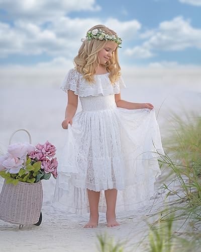 Girls Boho Dress Off Shoulder Lace Ruffle Dresses Asymmetry Flower Girl Dress for Wedding Holiday Beach Party3