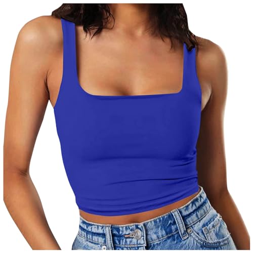 Top mujer mujer tops sin mangas verano camisetas sin mangas chaleco para mujer cuello cuadrado doble capa fitness casual corto top básico sin mangas camiseta mujer, azul, S