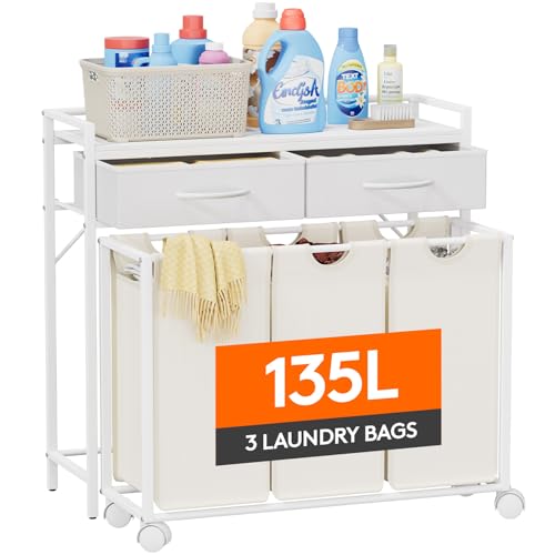 Lifewit Laundry Hamper 3 Section, Large Rolling Laundry Sorter with Shelf & 2 Drawers