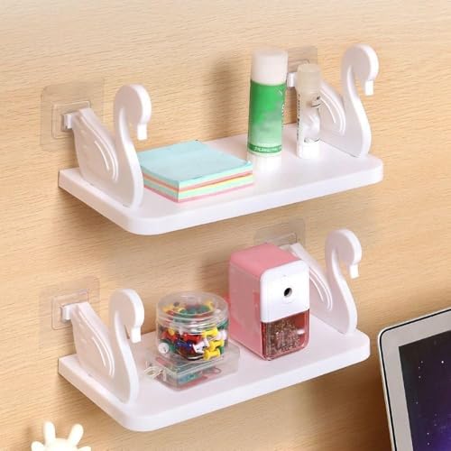 Image of Self Adhesive Floating Shelves Swan-Shaped Wall-Mounted Storage Rack Hanging Shelf with No-Drill Adhesive for Bathroom Vanity and Kitchen Organization,Toiletry Holder Entryway Stand Holder