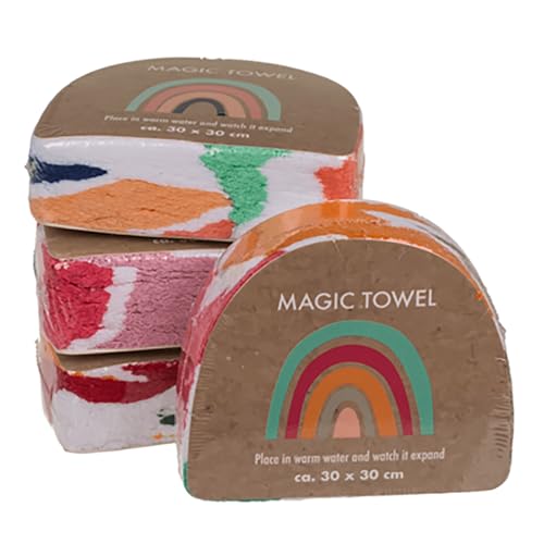 KAMACA 4er Set Magische Handtücher Baumwolle Zaubertuch für Kinder Zauberhandtuch Mitgebsel Geschenkidee Kindergeburtstag Geschenk statt Schokolade und statt Geldgeschenk (4er Set Regenbogen)
