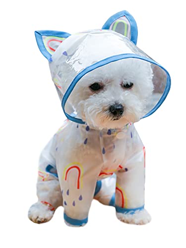 QWINEE Dog Raincoat Rainbow Print Waterproof Rain Jacket Rain Poncho for Puppy Small Dogs Blue S