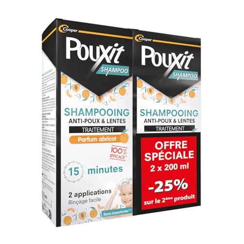 POUXIT - Shampooing anti-poux et lentes - Agit en 2 applications de 15 minutes (1) - Traitement du cuir chevelu - Parfum abricot - Lot de 2 -Flacon de 2x200 ml