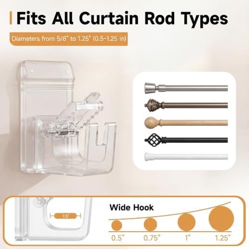 Universal Heavy Duty Curtain Rod Brackets, No Drill Curtain Rod Brackets with Adhesive & Invisible Nail, 30+LB Load Curtain Rod Holders, Damage Free Curtain Rod Hooks for Wall, Bathroom, Kitchen 4PC - 2