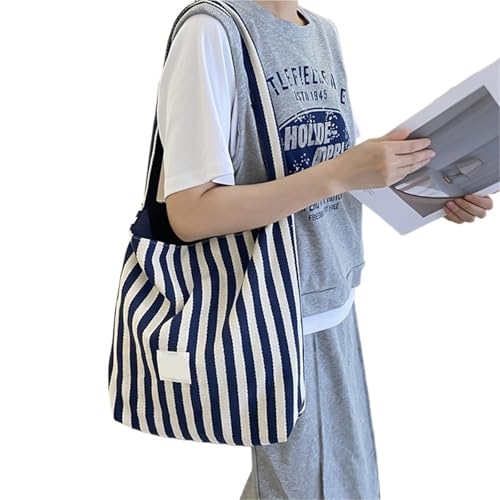 OZLCUA Sac à bandoulière en Toile rayée for Femme, Design réversible, en Coton, Polyvalent, for Les Courses(Deep Blue)