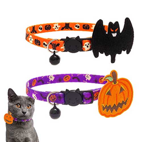 PAWCHIE 2 Pack Halloween Cat Collars with Bell Adjustable Breakaway Cat Collar with Pumpkin Bat Pattern for Halloween Party