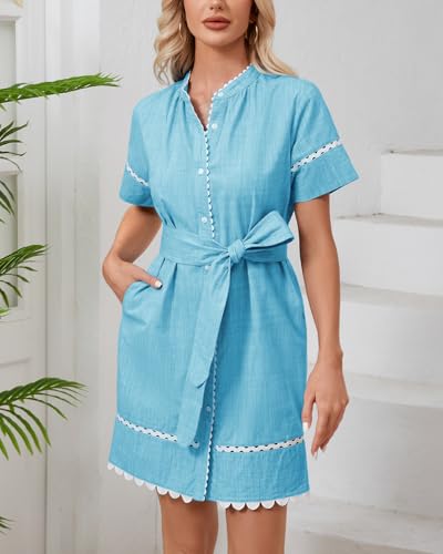 Image of Women's Summer Shirt Dress Short Sleeve Button Down Mini Tie Waist Belted Tunic with Pockets RIC Rac Trim