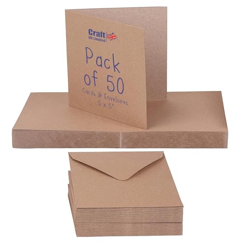 Craft UK 2050 5 x 5 inch Kraft Card and Envelope pack of 50 - Brown