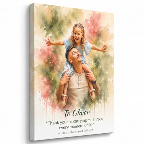 ENQU Personalized Family Watercolor Portrait Wall Art, Custom Canvas Prints with Your Photos, Father's Day, Birhtday Gifts, Custom Dad - Grandpa Photo Gifts, Custom Canvas For Daddy, Papa, Home Decor