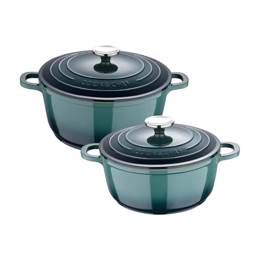 Bergner EXCALIBUR Kochtöpfe Ø 20 und Ø 24 cm, 2,4 l und 4,4 l, mit Deckeln aus Aluminiumguss, Grün