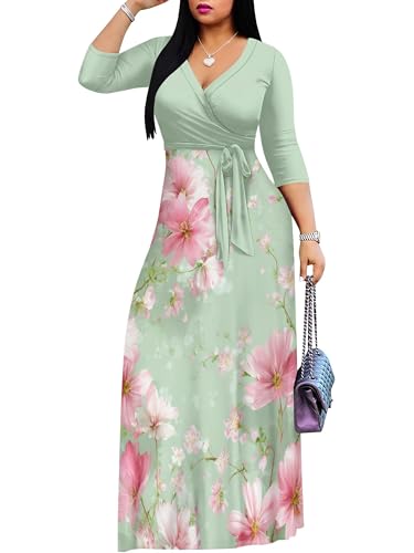 Image of PinkPatty Plus Size Maxi Dresses for Women Casual Flowy Long Dress 3 /4 Sleeve V Neck Wrap Dress with Belt