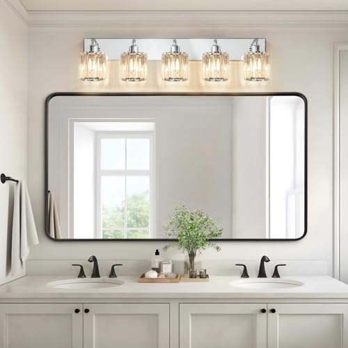 Image of Brushed Chrome Crystal Bathroom Vanity Light, 5-Light Modern Bathroom Lighting Fixtures Over Mirror,Chrome Wall Sconce Light Fixtures with Round Shade
