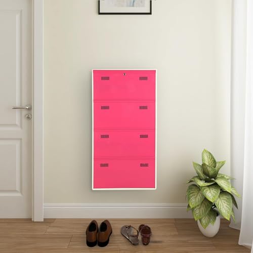 Image of Metal Shoe Rack Wall Mounted for Home with Central Locking 4 Door 28 inch Wall Mounted Metal 12 Pair Shoe Rack Cabinet Pre-Assembled Rack Shelves 3 Year Warranty (Pink & Ivory)