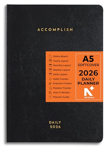 Image of NEORAH - A5 DATED DAILY Planner 2026 ACCOMPLISH - 512 Pages of Yearly•12 Month•52 Week+Hourly•365 Daily Journal Pages•Budget•Habit Tracker-Office Diary Academic Diary - SOFTCOVER - (BLACK ONYX)