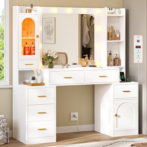 Hasuit White Vanity Desk with Mirror and LED Lights, Large Makeup Vanity Desk with 7 Drawers, Storage Shelves and RGB Glass Cabinet, Dressing Table for Bedroom with Charging Station, Lights