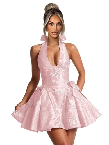 Fu Jiang Halter Satin Homecoming Dresses for Teens 2025 Short HOCO Prom Cocktail Dress with Bow