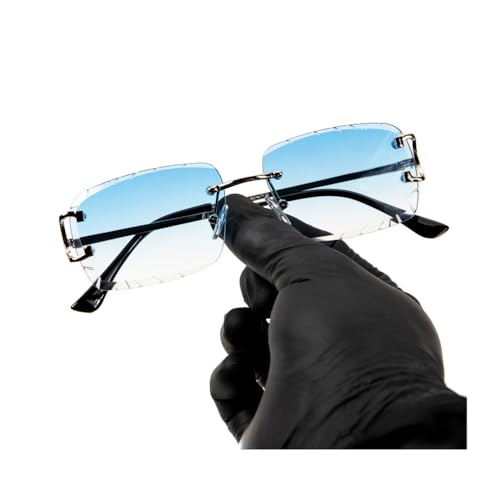 Rimless Gem Cut Unisex Square Trendy Retro 90's Hip Hop Hand Carved Sky Blue Gradient Tint Lens Silver Wire Frame Sun Glasses Frameless Rectangle Summer Shades Sunglasses For Men And Women