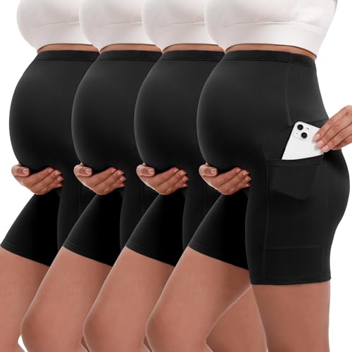Image of Siimcuzy 4 Pack Women's Maternity Shorts with Pockets Over The Belly Yoga Biker Pregnancy Workout Running Active Shorts