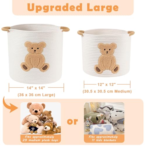 Image of Large Blanket Baskets for Living Room, Teddy Bear Baskets Toy Storage Basket, 14 inch x 14 inch Woven Cotton Rope Basket for Kids, Toys Organizer Clothes Hamper with Embroidery, Teddy Bear Nursery Decor
