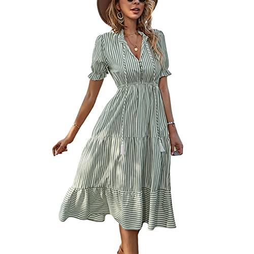 ZhaZhaMeng Sommerkleid Damen Chiffon Freizeitkleider Boho Lange Kleid Partykleid Elegant V Ausschnitt Maxikleid Blumenkleid Abendkleid Rüschen Strandkleid Cocktailkleid(S,Grün A) Cover