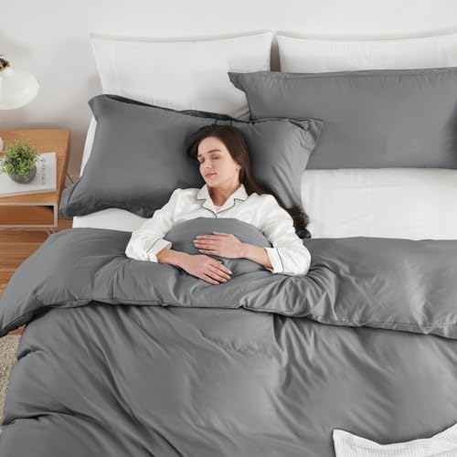 Image of Hearth & Harbor Grey Duvet Cover King Size, 3 Piece Bedding Set | Soft Double Brushed Bedding Set, Button Closure, 1 Duvet Cover 104x90 Inches, 2 Pillow Shams