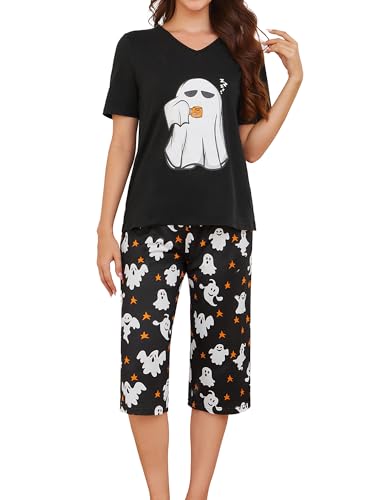 Women Two Piece Pajamas Sets Short Sleeve V Neck Tops and Capri Pants Sleepwear with Pockets