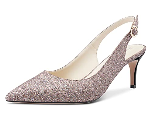 NobleOnly Women's Slingback Kitten Heels Pumps Comfortable Leather Mid Heel Pointed Toe Stiletto Office Classic Shoes 6 cm Heel Golden Glitter 9 M US NobleOnly Women's Slingback Kitten Heels Pumps Comfortable Leather Mid Heel Pointed Toe Stiletto Office Classic Shoes 6 cm Heel Golden Glitter 9 M US