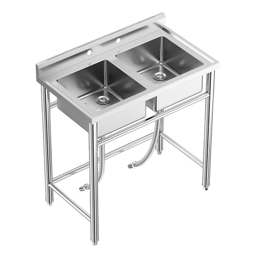 Free Standing Double Bowl Sink, 304 Stainless Steel Utility Sink, NSF Certificated, Commercial Kitchen Sink for Garage, Restaurant, Backyard for Indoor Outdoor - 36 in × 21 in × 40 in by GarveeHome - Used condition - CA$198.35