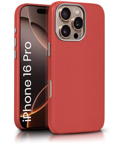 Image of WOW IMAGINE Back Cover for iPhone 16 Pro | Shockproof Tough Leather Texture Hard Mobile Case | Ultra Slim Non-Slip Grip | Inner Velvet Fabric | Metal Camera Ring - Crimson Red