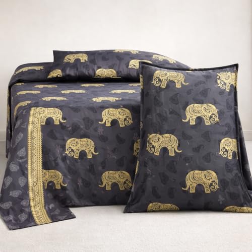 Image of King Size 100% Pure Cotton Bedsheet | Royal Elephant Design with 2 Pillow Covers, 300 TC, 108 x 108 Inches Bedding Set, Soft & Breathable Cozy Flat bedsheets, Dark Grey