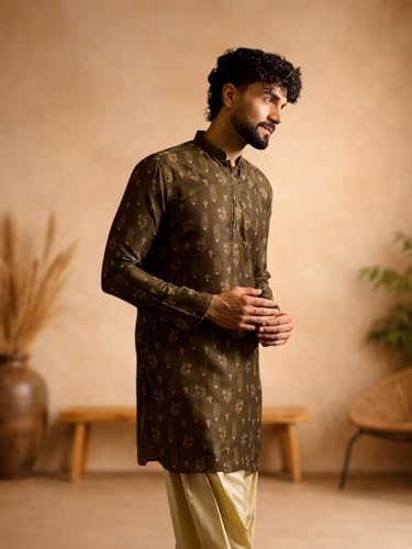 Image of Amazon Brand - Tavasya Men Silk Blend Ethnic Motif Printed Embellished Long Kurta | Regular Fit | Ethnic Wear | Full Sleeve