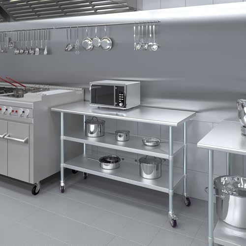Image of AmGood Stainless Steel Work Table with 2 Shelves and Casters | Metal Utility Table On Wheels (Stainless Steel Work Table with 2 Shelves + Casters, 60 inch Long x 24 inch Deep)
