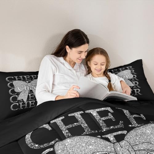 Image of Feelyou Cheer Bow Comforter Set Queen Size Cheerleading Bedding Set for Kids Boys Girls Funny Sport Duvet Quilt Silver Bedroom Decor Microfiber 3 Pcs with 2 Pillow Cases