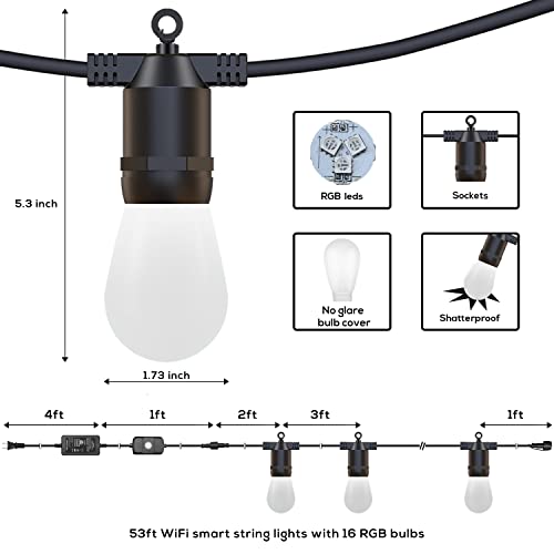 Sunthin Smart String Lights, 53Ft Colored Patio Lights Work With Alexa & Google Assistant, 16 Shatterproof Rgb Bulbs, Waterproof Hanging Lights For Outdoor, Porch, Yard, Pergola, Deck, Garden, Gazebo #TOP1