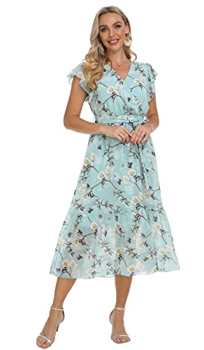 Image of VintageClothing Womens Sundress Casual Floral Summer Boho Dress | Flowy Wrap V Neck Ruffle A-Line Pleated Hem Midi Dresses