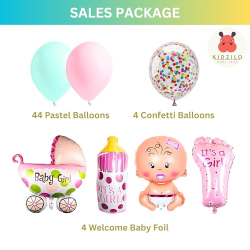 Image of 57 Pcs Welcome Baby Girl Decoration Kit | Balloons, Banner, Curtains, Foils, Stars, Hearts, Ribbon & Confetti for Baby Shower & Newborn Celebration Set 09