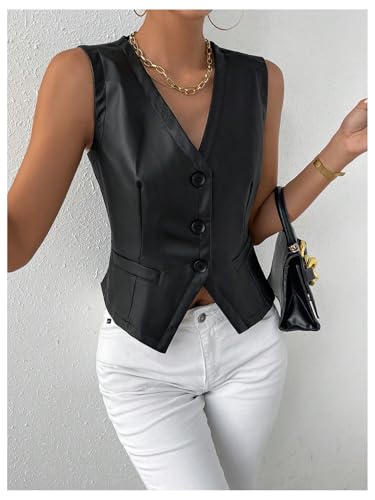 MakeMeChic Women's Vest Tops PU Leather Button Down V Neck Sleeveless Cropped Vest Blazer Waistcoat3