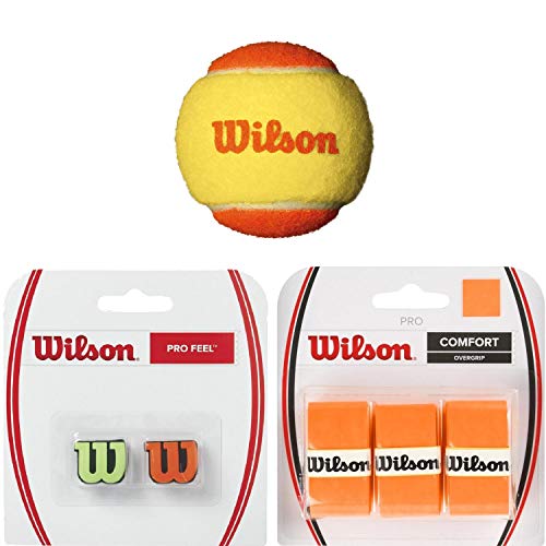 Wilson US Open Orange 3-Pack Tennis Balls (Low Compression) Starter Kit or Set Bundled with 2-Pack of Green/Orange Dampeners and (1) 3-Pack of Wilson Pro Overgrips in Orange (Great Stocking Stuffers)