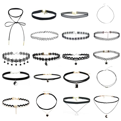 19 Stück Choker Kette Damen, Halsband Damen Schmuck Choker Halsketten Samt Gothic Tattoo Spitze Choker Halsband Damen Choker Schwarz, für Frauen und Teenager-Mädchen