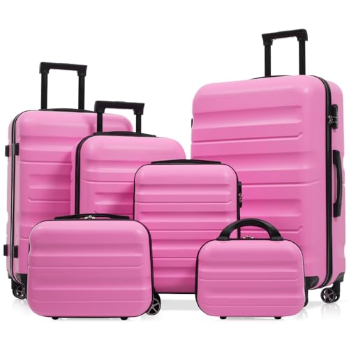 6-Piece ABS Hardshell Luggage Set - Lightweight & Durable Suitcases with Dual Spinner Wheels, Carry-On & Check-In Sizes for Travel & Business(Pink)