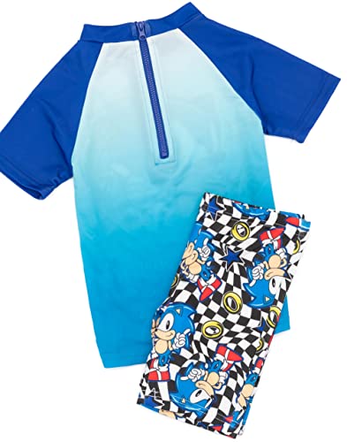 Sonic The Hedgehog Boys Swimsuit Set | Kids Blue 2 Piece T-Shirt & Swim Shorts | Racing Checkers & Rings Swimming Costume