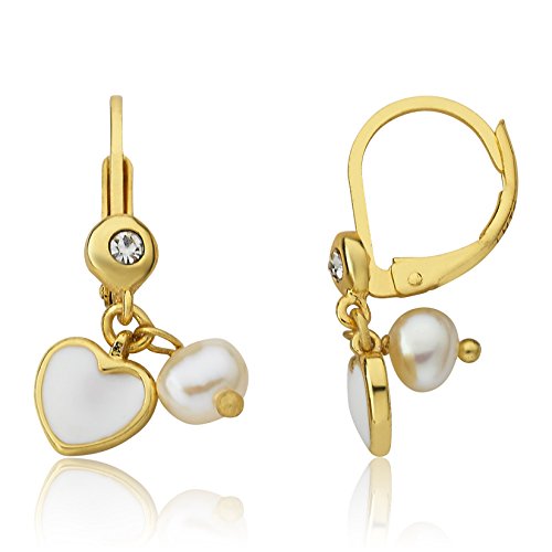 Lmts I Love My Jewels 14K Gold Plated White Enamel Heart Leverback Earring Accented With Fresh Water Pearl Dangle/Brass #TOP13
