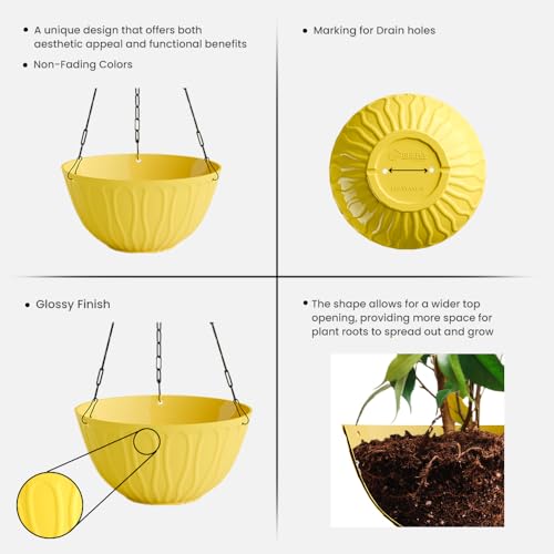 Image of YUCCABE ITALIA SHERA Hanging Wave 8 Inch Plastic Flower Pot for Plant Pack of 6 Pcs Round Shape Hanging Pot for Balcony Railing Planters for Indoor and Outdoor Garden (Yellow)