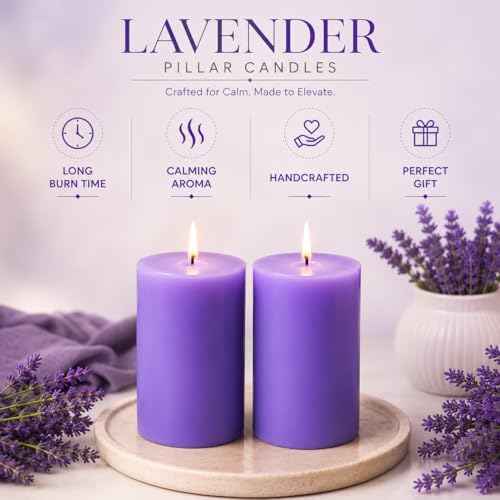Image of AuraDecor Lavender Scented Pillar Candles Set of 2 | 25 Hours Burn Time | Essential Oil | Smokeless & Long Clear Burn | Paraffin Wax | Aromatherapy Candles for Home Decor, Relaxation & Gifting