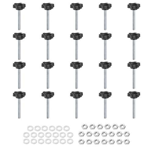 uxcell 20pcs Star Clamping Knobs with Nuts Washers, M5 x 40mm Metric Zinc Plated Carbon Steel Male Thread 25mm 6-Star Plastic Head, Threaded Stud Hand Knobs Handles Thumb Screws, Black