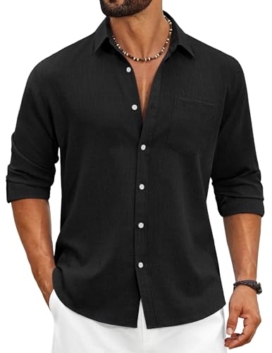 COOFANDY Men's Linen Button Down Shirts Solid Chambray Casual Shirts Beach Shirt with Pocket (Black)