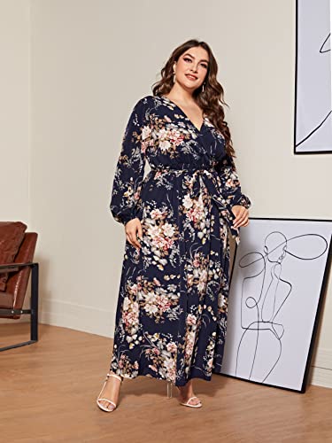 Wdirara Women's Plus Size Floral Print V Neck Belted Bishop Long Sleeve Dress Navy 2Xl #TOP2