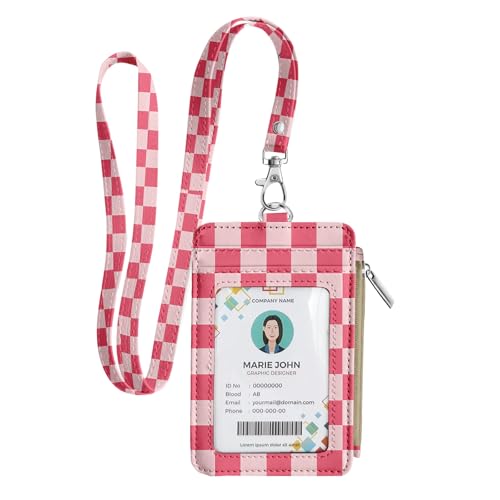 bolimoss Checkered Lanyard Wallet with Id Badge Holder Slim Keychain Wallet for Women Zip Card Holder with ID Window, 5 Card Slots, Side Zipper Coin Purse, Detachable Neck Strap