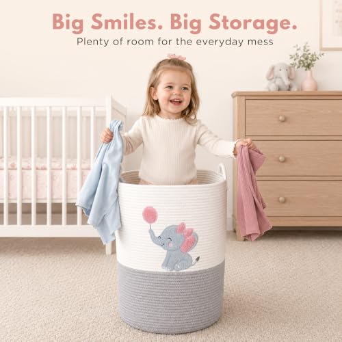 Image of Elephant Baby Laundry Basket for Girl Nursery, Pink Rope Hamper, 20x15 in